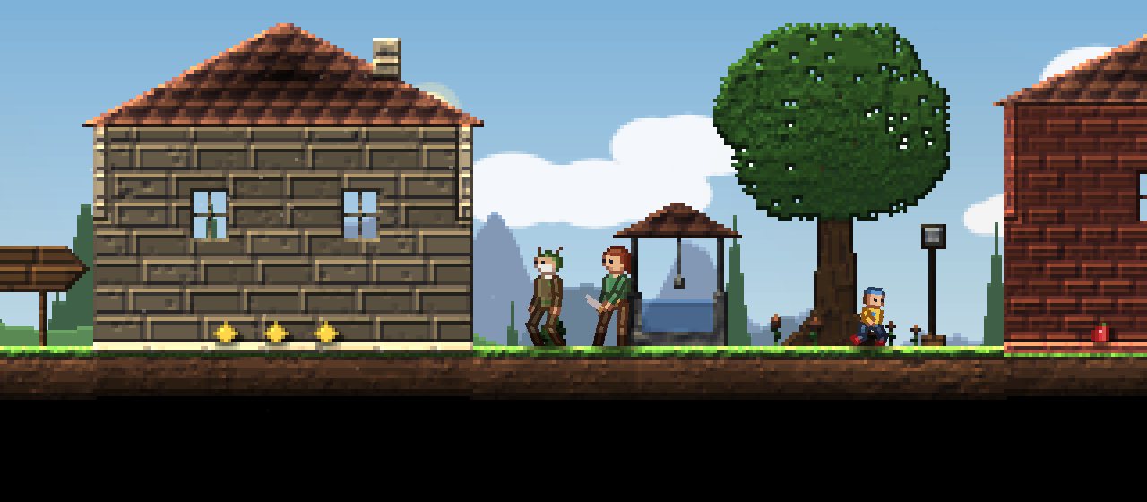 The role playing template: the hero and the village elder by the well, between a stone house and a brick shop.