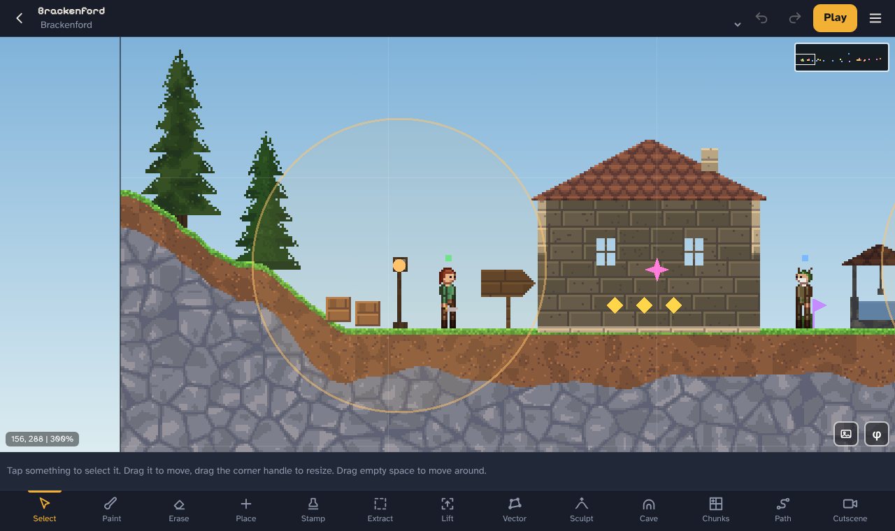 The Pixel Quarry editor showing a village level with a stone house, pine trees and a hero standing on grassy hills.
