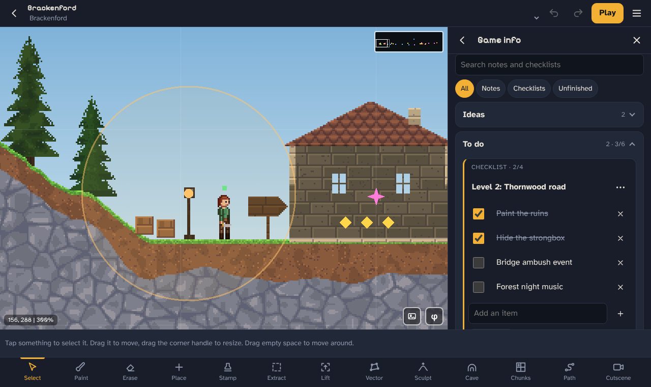 The Game info panel beside a village level, with notes, a section called To do and a half ticked checklist for the next level.