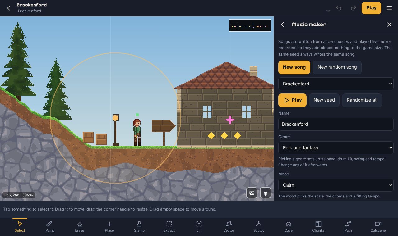 The music maker open in the editor, with the genre, mood and tempo of a song.
