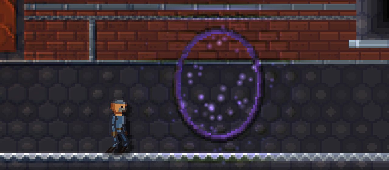 The cinematic platformer template: a worker walking toward a glowing escape ring in a dark factory hall.