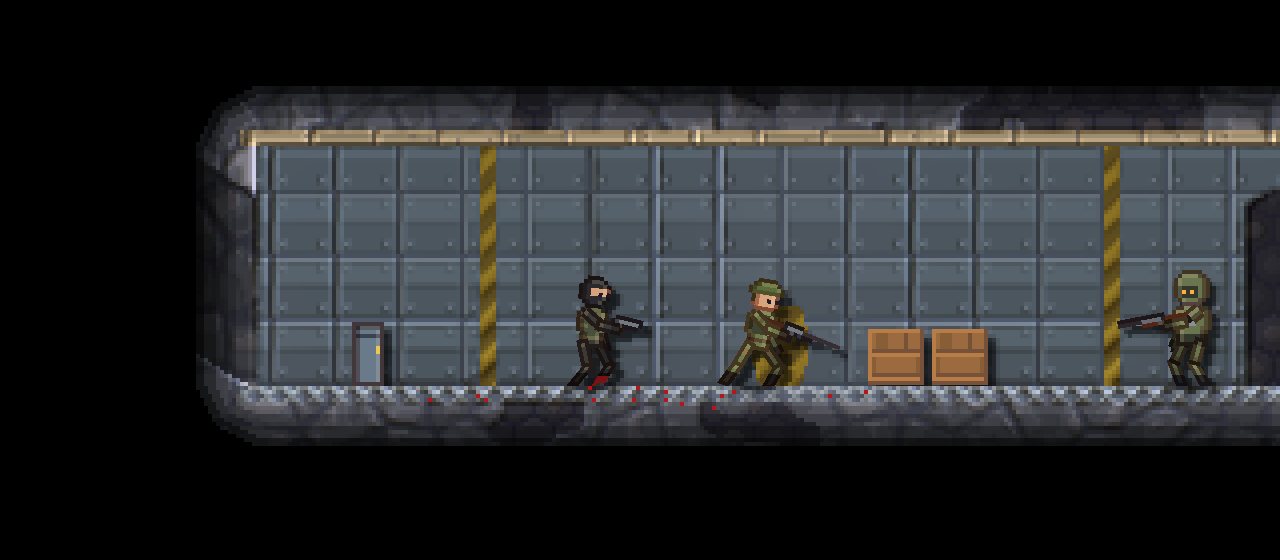Soldiers and ammo crates in a steel walled bunker room.