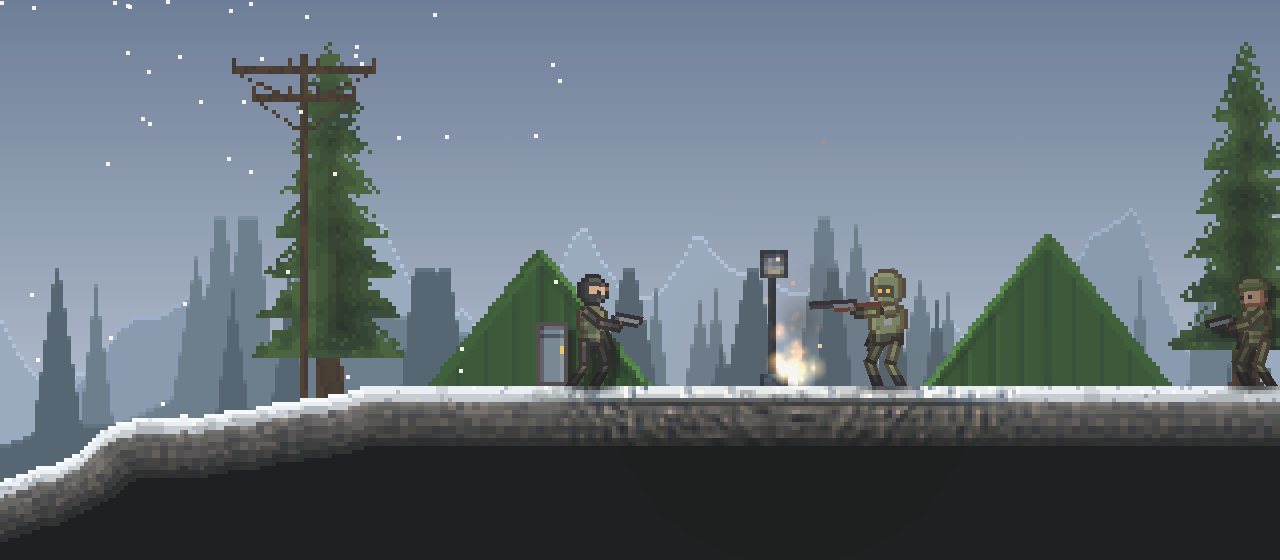 A firefight between tents in a snowy army camp.