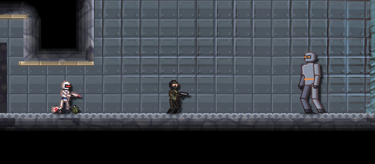 A commando, a sentry robot and the giant relay warden in the bunker's core room.