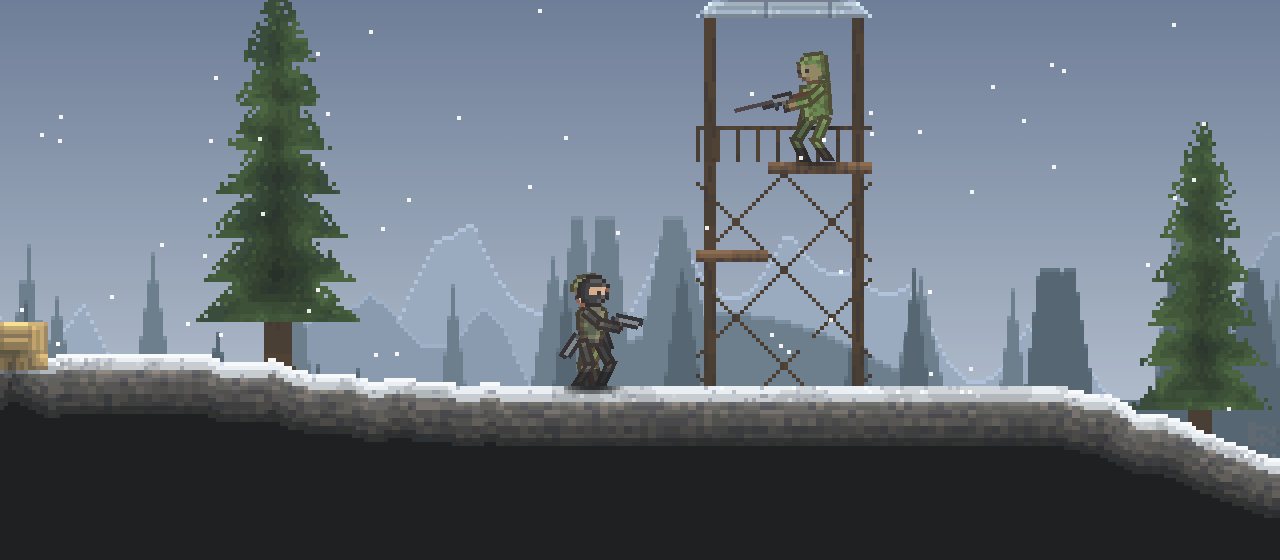 The shooter template: a commando on a snowy ridge below a sniper in a wooden watchtower.